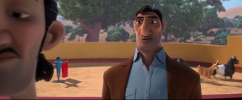Movie still from “Ferdinand” (2017), directed by Carlos Saldanha – An animated man in a blue shirt and a brown jacket; Close Up shot, Over the shoulder angle