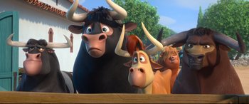 Movie still from “Ferdinand” (2017), directed by Carlos Saldanha – A group of animals that are standing in the grass; Medium shot, Low angle