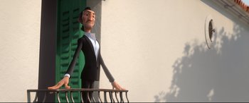 Movie still from “Ferdinand” (2017), directed by Carlos Saldanha – An animated character is standing on a balcony railing; Medium shot, Low angle