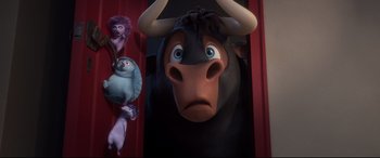 Movie still from “Ferdinand” (2017), directed by Carlos Saldanha – The head of a bull in a room; Medium shot, Low angle