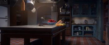Movie still from “Ferdinand” (2017), directed by Carlos Saldanha – A bowl of tomatoes sits on a kitchen counter; Wide shot, High angle
