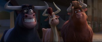 Movie still from “Ferdinand” (2017), directed by Carlos Saldanha – A group of three cartoon characters standing next to each other; Close Up shot, Low angle