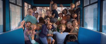 Movie still from “Ferdinand” (2017), directed by Carlos Saldanha – A bunch of people that are in a bus together; Wide shot, High angle