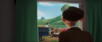 Movie still from “Ferdinand” (2017), directed by Carlos Saldanha – A person looking out of a window at a flower garden; Wide shot, Over the shoulder angle