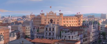 Movie still from “Ferdinand” (2017), directed by Carlos Saldanha – An image of a city with a castle in the background; Extreme Wide shot, Low angle