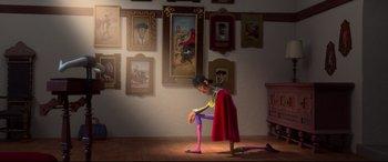 Movie still from “Ferdinand” (2017), directed by Carlos Saldanha – A cartoon character is sitting on the floor; Wide shot, Low angle