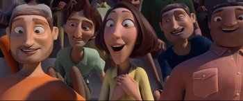 Movie still from “Ferdinand” (2017), directed by Carlos Saldanha – A bunch of people that are standing up in a group; Close Up shot, Over the shoulder angle