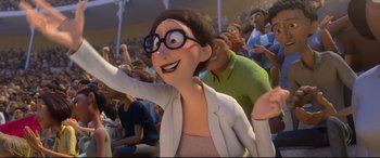 Movie still from “Ferdinand” (2017), directed by Carlos Saldanha – An animated woman in a crowd of people waving; Medium shot, Low angle