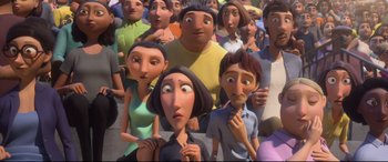 Movie still from “Ferdinand” (2017), directed by Carlos Saldanha – A bunch of people that are standing in the street; Close Up shot, Low angle