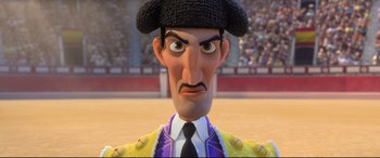 Movie still from “Ferdinand” (2017), directed by Carlos Saldanha – A person wearing a hat and a suit; Close Up shot, Low angle