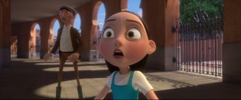 Movie still from “Ferdinand” (2017), directed by Carlos Saldanha – An animated girl looking surprised at the camera; Medium shot, Over the shoulder angle