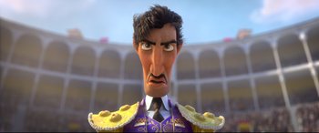 Movie still from “Ferdinand” (2017), directed by Carlos Saldanha – A man in a purple suit with a mustache; Close Up shot, Low angle