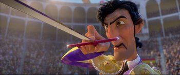 Movie still from “Ferdinand” (2017), directed by Carlos Saldanha – A person holding a sword in their mouth; Medium shot, Low angle
