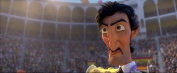 Movie still from “Ferdinand” (2017), directed by Carlos Saldanha – A person's face in front of an audience; Close Up shot, Low angle