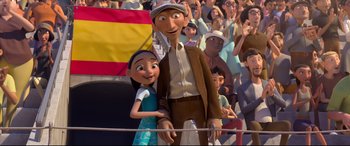 Movie still from “Ferdinand” (2017), directed by Carlos Saldanha – A couple of people standing next to each other in front of a crowd of onlookers; Medium shot, Low angle
