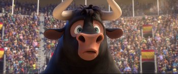 Movie still from “Ferdinand” (2017), directed by Carlos Saldanha – A cartoon of a black bull with horns; Close Up shot, Low angle