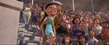 Movie still from “Ferdinand” (2017), directed by Carlos Saldanha – A crowd of people standing in front of a crowd; Wide shot, Over the shoulder angle