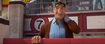 Movie still from “Ferdinand” (2017), directed by Carlos Saldanha – A man in a brown jacket and a blue shirt; Close Up shot, Over the shoulder angle