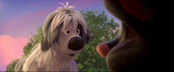 Movie still from “Ferdinand” (2017), directed by Carlos Saldanha – A dog and a cat looking at one another; Close Up shot, Over the shoulder angle