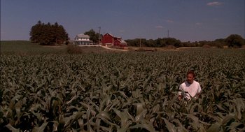 Movie still from “Field of Dreams” (1989), directed by Phil Alden Robinson – A field of corn with a red barn in the background; Extreme Wide shot, High angle