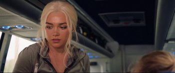 Movie still from “Fighting with My Family” (2019), directed by Stephen Merchant – A woman with blonde hair is looking at the camera; Close Up shot, Over the shoulder angle