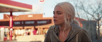 Movie still from “Fighting with My Family” (2019), directed by Stephen Merchant – A woman with long blonde hair looking to her left; Close Up shot, Over the shoulder angle