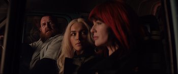 Movie still from “Fighting with My Family” (2019), directed by Stephen Merchant – Two women with long red hair are sitting in a car; Close Up shot, Over the shoulder angle