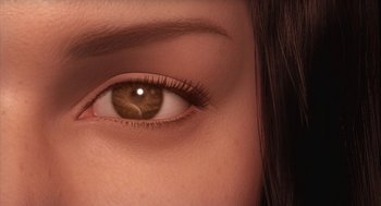 Movie still from “Final Fantasy: The Spirits Within” (2001), directed by Hironobu Sakaguchi – A woman's eye with brown eye shadow; Extreme Close Up shot, Overhead angle