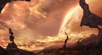 Movie still from “Final Fantasy: The Spirits Within” (2001), directed by Hironobu Sakaguchi – An image of an alien landscape with a rainbow in the background; Extreme Wide shot, Low angle