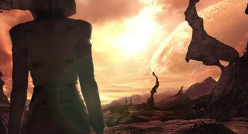 Movie still from “Final Fantasy: The Spirits Within” (2001), directed by Hironobu Sakaguchi – An image of a person standing on a hill; Extreme Wide shot, Low angle