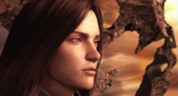 Movie still from “Final Fantasy: The Spirits Within” (2001), directed by Hironobu Sakaguchi – A woman's face in front of an artistic background; Close Up shot, Low angle