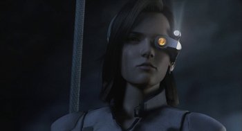 Movie still from “Final Fantasy: The Spirits Within” (2001), directed by Hironobu Sakaguchi – A woman with a futuristic eye patch on her head; Close Up shot, Low angle