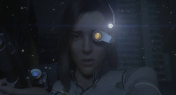 Movie still from “Final Fantasy: The Spirits Within” (2001), directed by Hironobu Sakaguchi – A woman with a glowing eye patch on her head; Close Up shot, Low angle