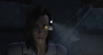 Movie still from “Final Fantasy: The Spirits Within” (2001), directed by Hironobu Sakaguchi – A woman is looking through a pair of binoculars; Close Up shot, Over the shoulder angle