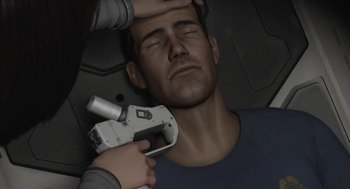 Movie still from “Final Fantasy: The Spirits Within” (2001), directed by Hironobu Sakaguchi – A man is being examined by a person holding an electronic device; Close Up shot, High angle