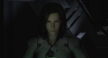 Movie still from “Final Fantasy: The Spirits Within” (2001), directed by Hironobu Sakaguchi – A woman in a white shirt is in a dark room; Close Up shot, Over the shoulder angle