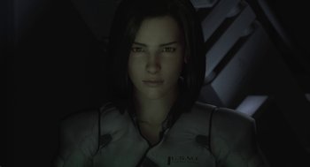Movie still from “Final Fantasy: The Spirits Within” (2001), directed by Hironobu Sakaguchi – A woman in a white shirt is in a dark room; Close Up shot, Low angle
