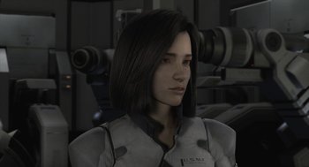 Movie still from “Final Fantasy: The Spirits Within” (2001), directed by Hironobu Sakaguchi – A woman in a white jacket standing next to a camera; Close Up shot, Over the shoulder angle