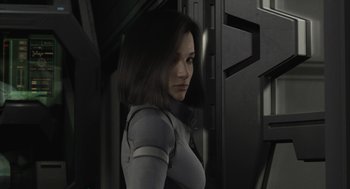 Movie still from “Final Fantasy: The Spirits Within” (2001), directed by Hironobu Sakaguchi – A woman standing in front of a door; Close Up shot, Over the shoulder angle