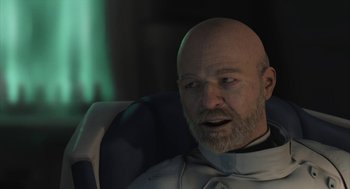 Movie still from “Final Fantasy: The Spirits Within” (2001), directed by Hironobu Sakaguchi – A man with a bald head wearing a white suit; Close Up shot, Over the shoulder angle