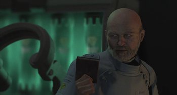 Movie still from “Final Fantasy: The Spirits Within” (2001), directed by Hironobu Sakaguchi – An older man holding a book while standing in a room; Close Up shot, Over the shoulder angle