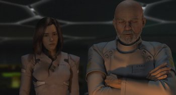 Movie still from “Final Fantasy: The Spirits Within” (2001), directed by Hironobu Sakaguchi – An older man and a young woman standing next to each other; Close Up shot, Over the shoulder angle