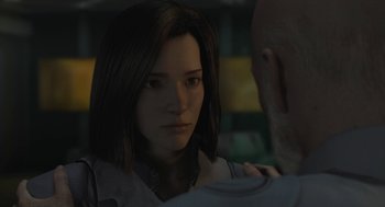 Movie still from “Final Fantasy: The Spirits Within” (2001), directed by Hironobu Sakaguchi – A woman is looking at a man in a dark room; Close Up shot, Over the shoulder angle