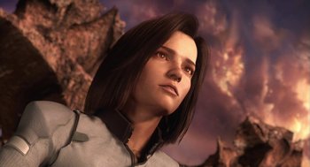 Movie still from “Final Fantasy: The Spirits Within” (2001), directed by Hironobu Sakaguchi – An image of a woman with a mountain in the background; Close Up shot, Low angle
