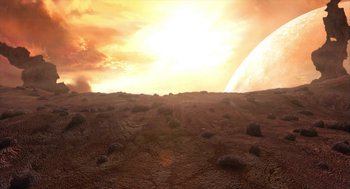 Movie still from “Final Fantasy: The Spirits Within” (2001), directed by Hironobu Sakaguchi – An image of an alien landscape with the sun setting in the background; Extreme Wide shot, High angle