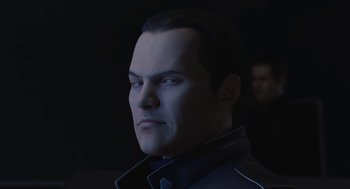 Movie still from “Final Fantasy: The Spirits Within” (2001), directed by Hironobu Sakaguchi – A person with a black jacket on; Close Up shot, Low angle
