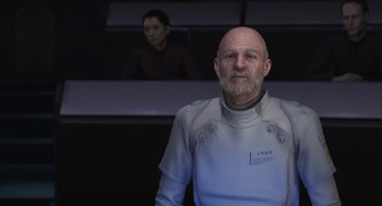 Movie still from “Final Fantasy: The Spirits Within” (2001), directed by Hironobu Sakaguchi – An older man in a white suit and a woman in a red suit; Medium shot, Over the shoulder angle