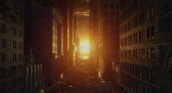 Movie still from “Final Fantasy: The Spirits Within” (2001), directed by Hironobu Sakaguchi – An abandoned building with a bright light coming from it; Extreme Wide shot, High angle