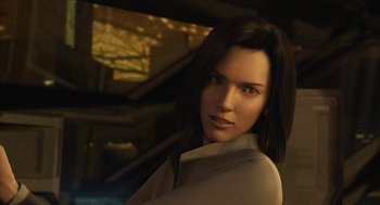 Movie still from “Final Fantasy: The Spirits Within” (2001), directed by Hironobu Sakaguchi – A woman with long black hair wearing a white shirt; Close Up shot, Over the shoulder angle