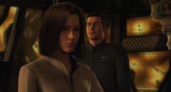 Movie still from “Final Fantasy: The Spirits Within” (2001), directed by Hironobu Sakaguchi – A man and a woman standing next to each other; Close Up shot, Over the shoulder angle